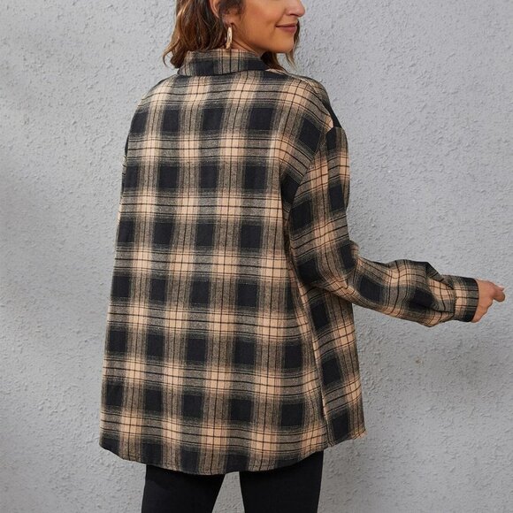 Khaki Casual Womens Plaid Print Drop Shoulder Shirt - Picture 2 of 5